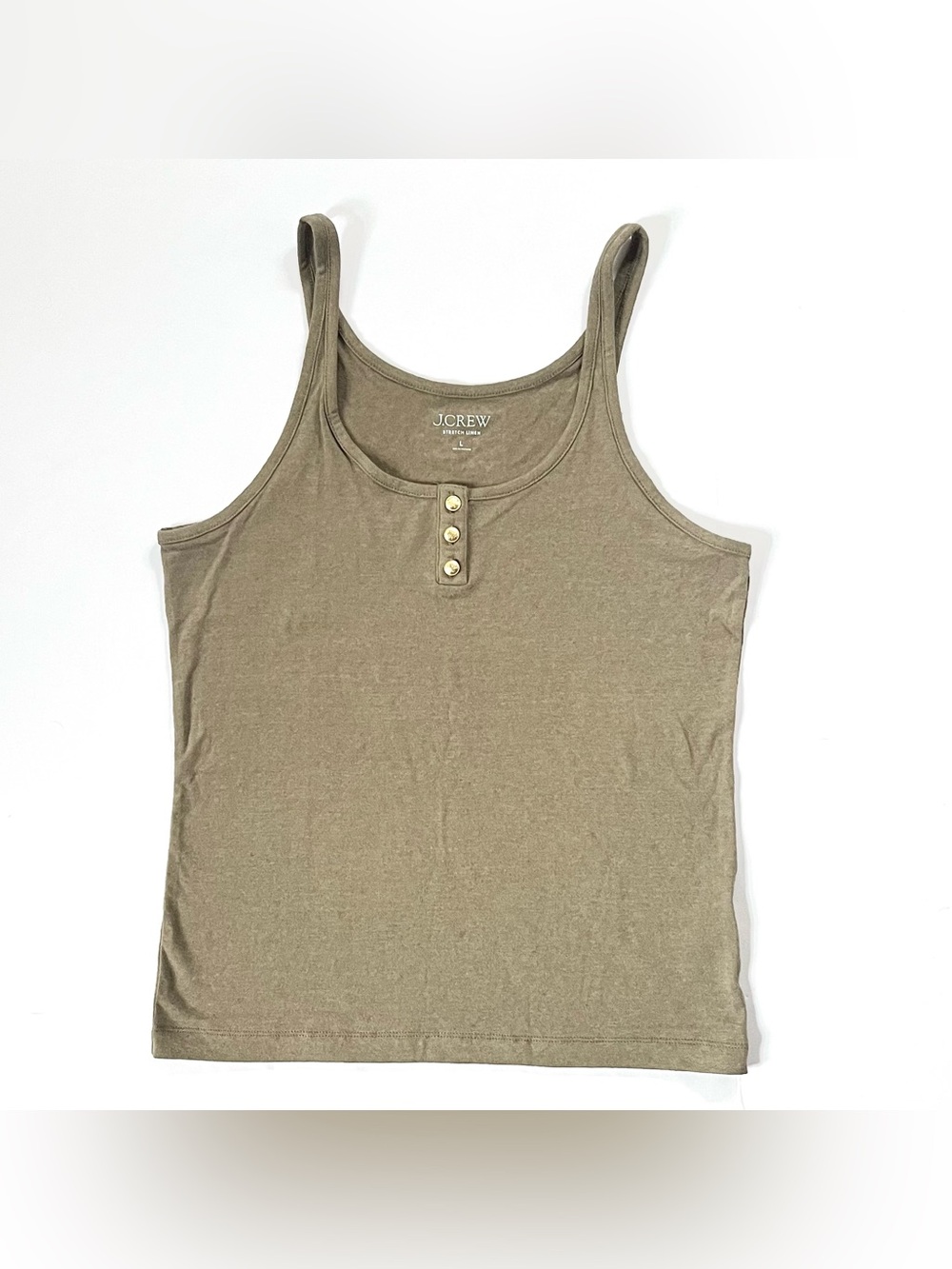 New J. Crew Women’s Stretch Linen Blend Henley Tank Top in Olive Green (Large) - Picture 3 of 8